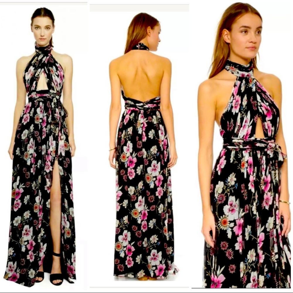 JILL STUART - Silk Black, Pink and Cream Floral Halter Gown. Size 6